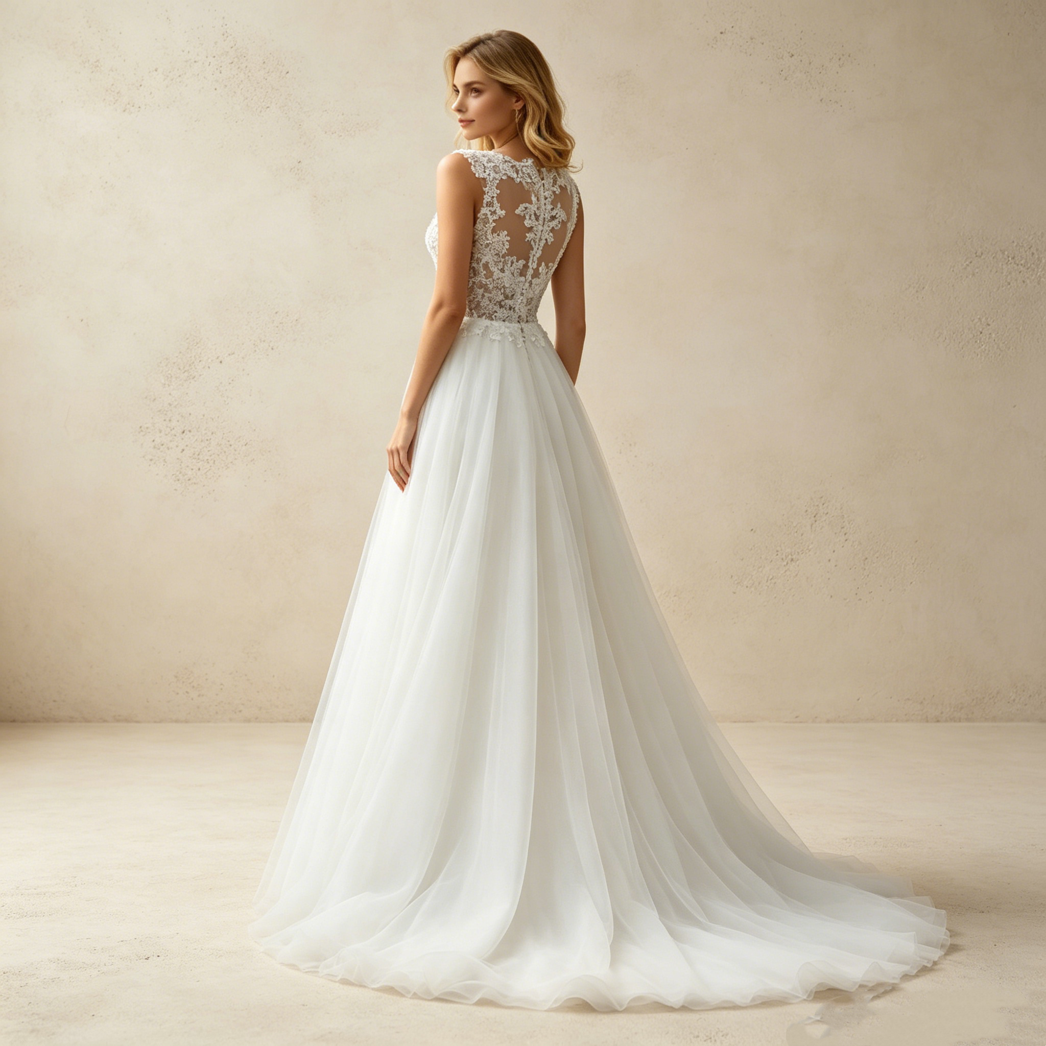 Elegantes A-Linien Abendkleid Weiß Ärmellos | Prinzessin Ballkleid mit Feiner Spitzenstickerei und Fließendem Soft-Tüllrock