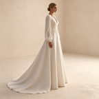 Elegantes V-Ausschnitt Abendkleid lang mit Laternenärmeln | Weißes Festkleid