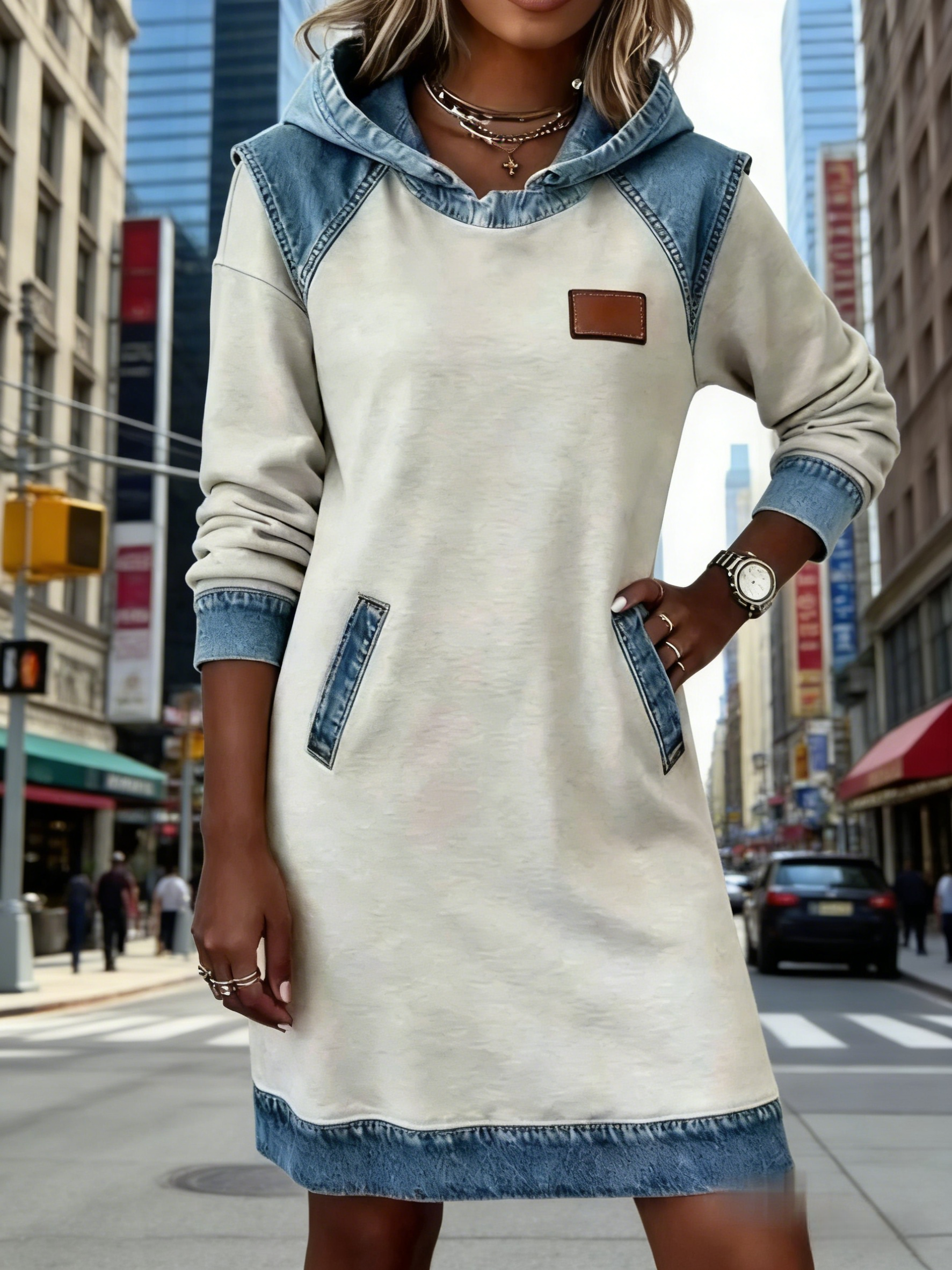Damen Sweatkleid Beige-Blau: Modisches Kapuzenkleid im Denim-Look, Langarm Freizeitkleid mit Taschen & Raglanärmeln, Sportliches Jerseykleid für Herbst & Alltag S-3XL