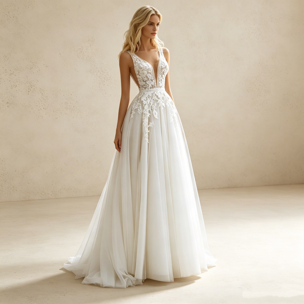Elegantes A-Linien Abendkleid Weiß mit Tiefem V-Ausschnitt | Ärmellos Ballkleid mit Feiner Spitzenstickerei und Fließendem Tüllrock