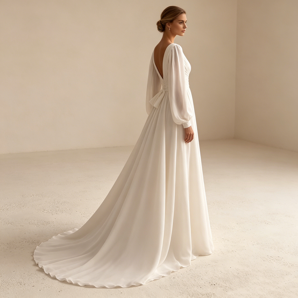 Elegantes V-Ausschnitt Abendkleid lang mit Laternenärmeln | Weißes Festkleid