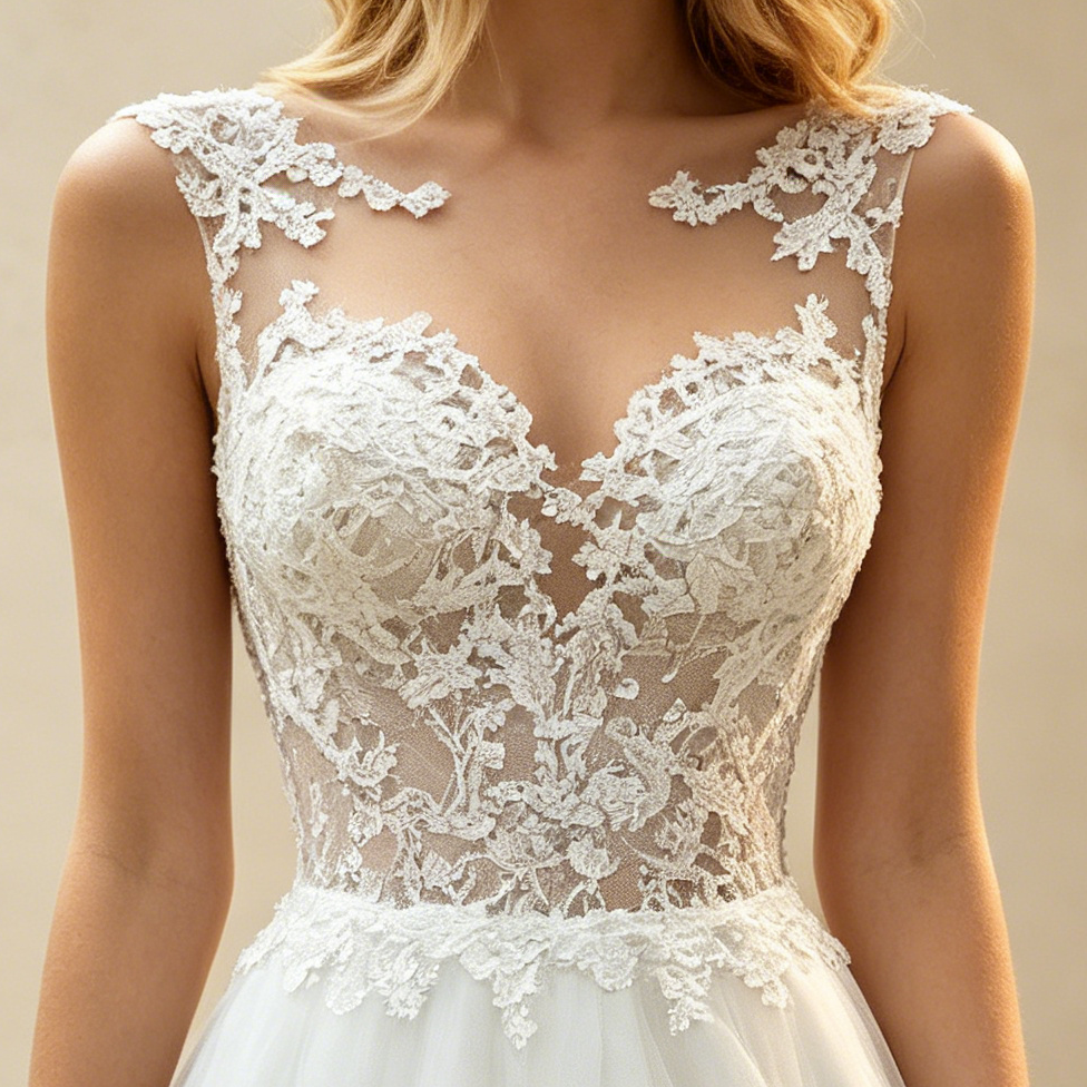 Elegantes A-Linien Abendkleid Weiß Ärmellos | Prinzessin Ballkleid mit Feiner Spitzenstickerei und Fließendem Soft-Tüllrock