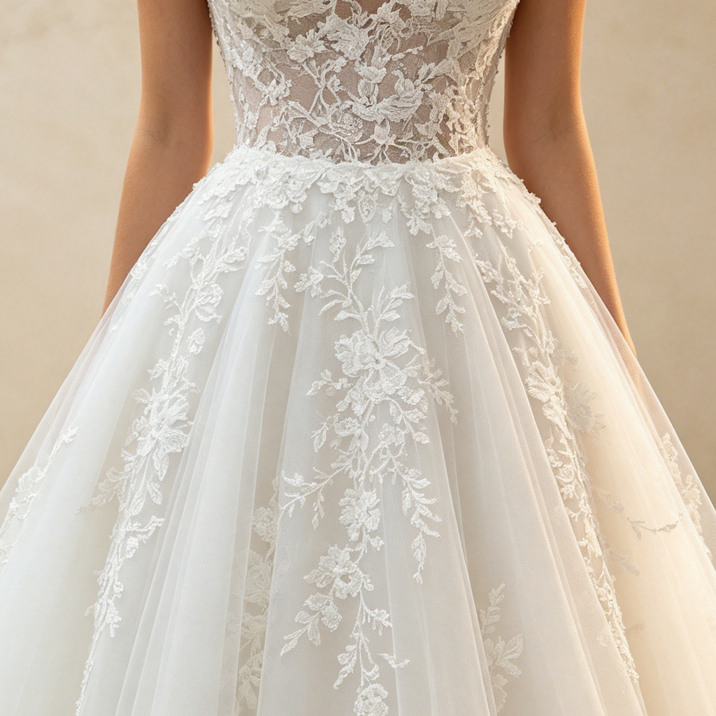 Elegantes A-Linien Abendkleid Weiß Ärmellos | Prinzessin Ballkleid mit Feiner Spitzenstickerei und Fließendem Soft-Tüllrock