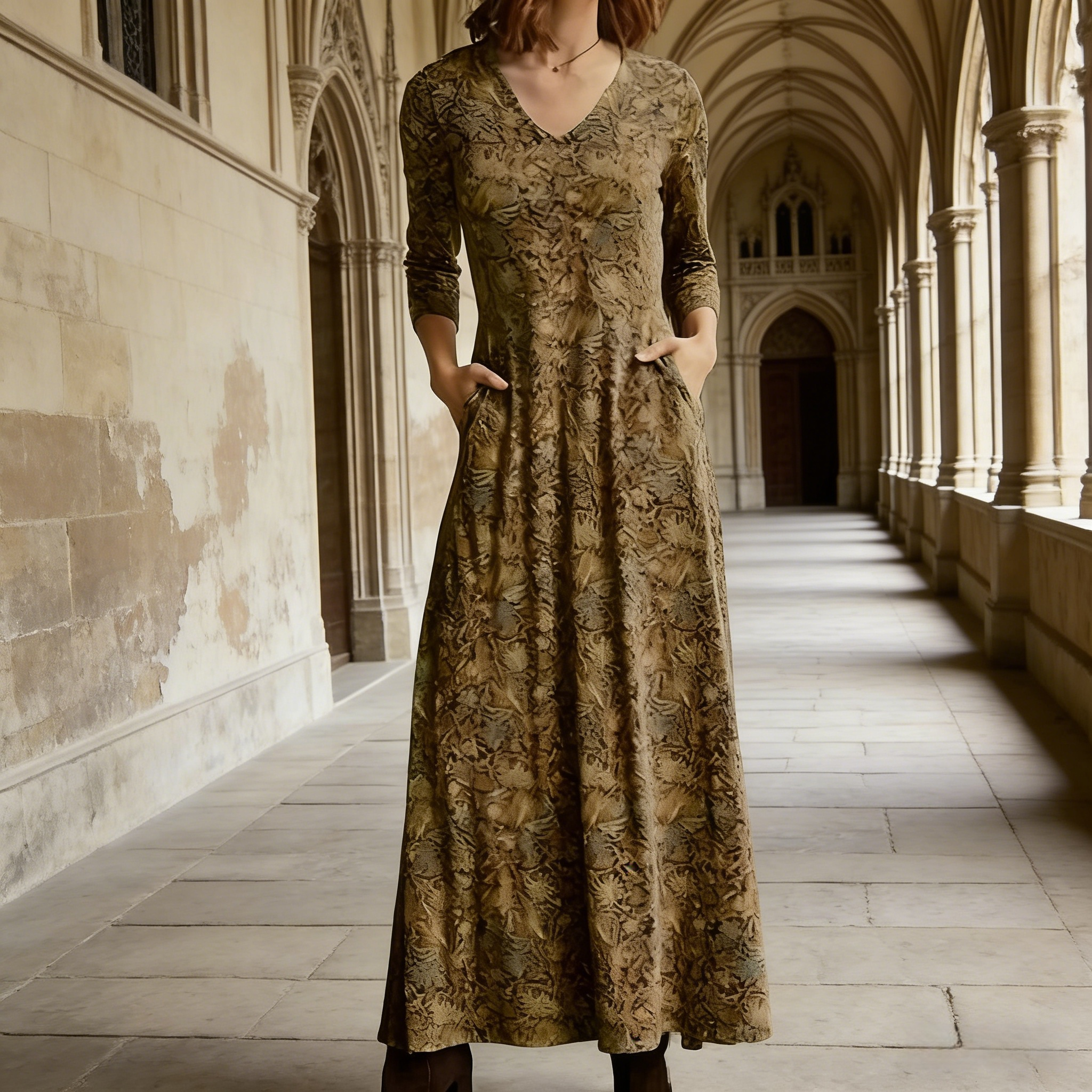 Damen Maxikleid Olivgrün: Elegantes Vintage Baumwollkleid mit V-Ausschnitt & Taschen, Langarm Herbstkleid mit Blumendruck, Retro A-Linie Freizeitkleid für Alltag S-3XL