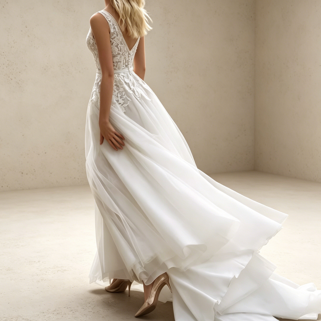 Elegantes A-Linien Abendkleid Weiß mit Tiefem V-Ausschnitt | Ärmellos Ballkleid mit Feiner Spitzenstickerei und Fließendem Tüllrock