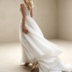 Elegantes A-Linien Abendkleid Weiß mit Tiefem V-Ausschnitt | Ärmellos Ballkleid mit Feiner Spitzenstickerei und Fließendem Tüllrock