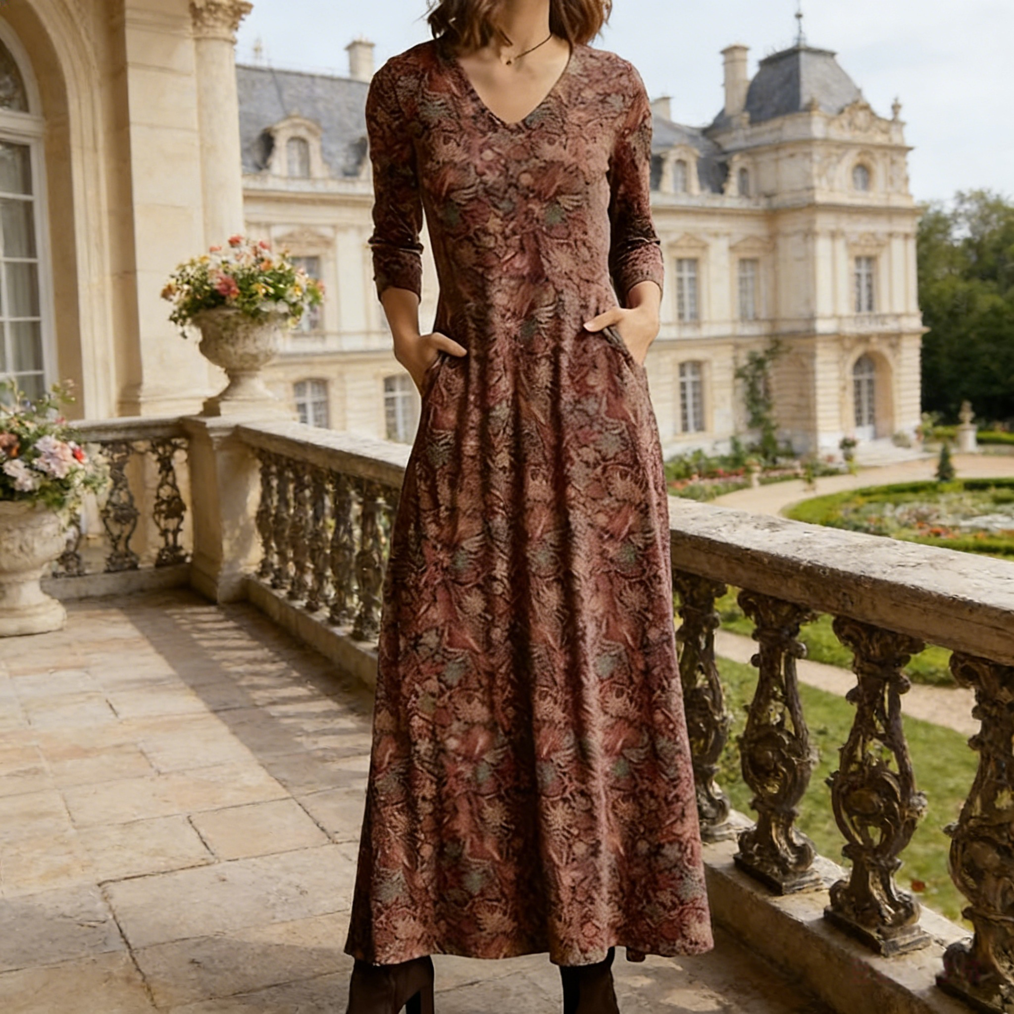 Damen Maxikleid Dunkelrosa: Elegantes Vintage Baumwollkleid mit V-Ausschnitt & Taschen, Langarm Herbstkleid mit Blumendruck, Retro A-Linie Freizeitkleid für Alltag S-3XL