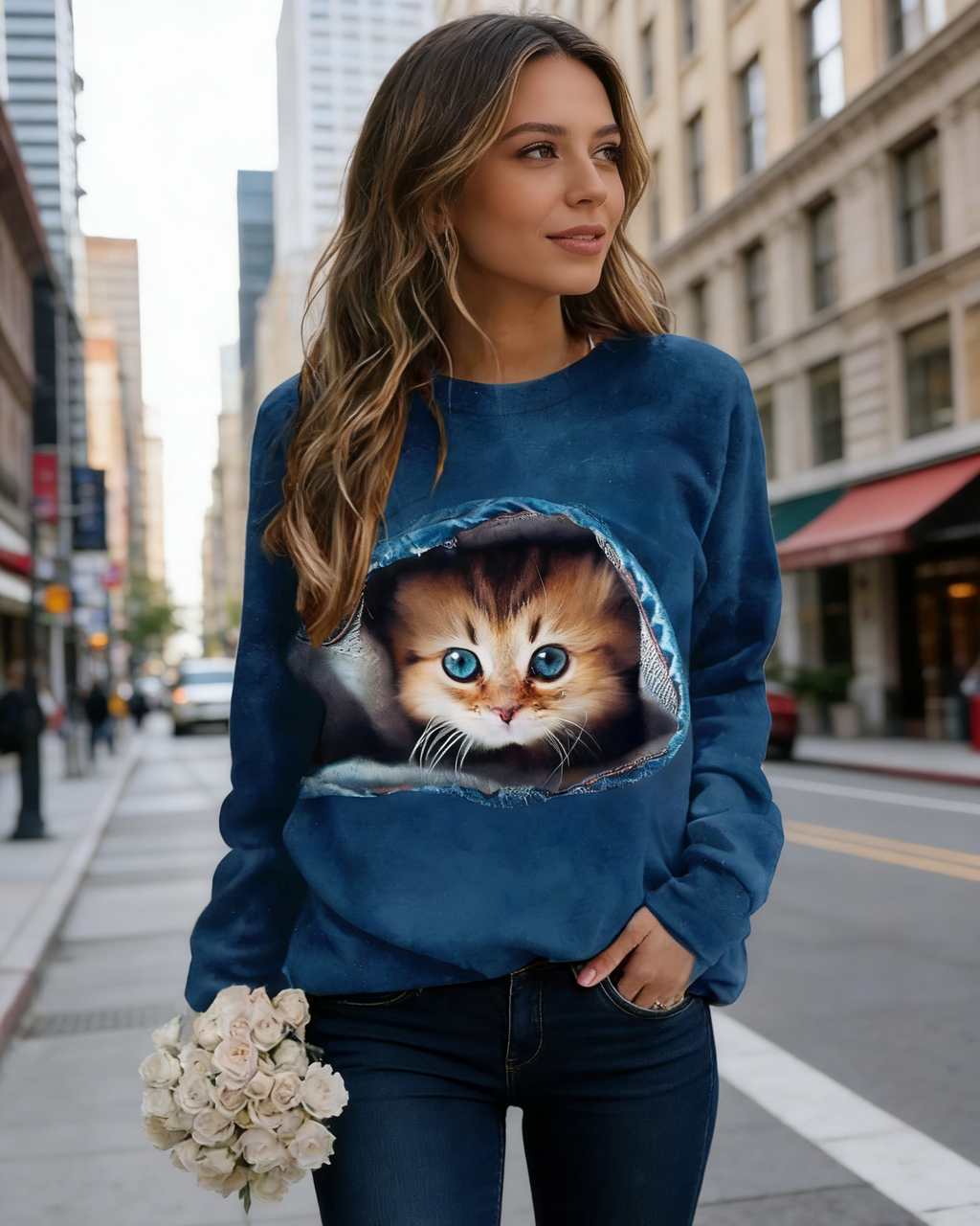 3D-Druck Damen Sweatshirt Schwarz-Weiß: Süße Katze Design, Kontrastfarben mit Reißverschluss, Casual Langarmshirt S-5XL