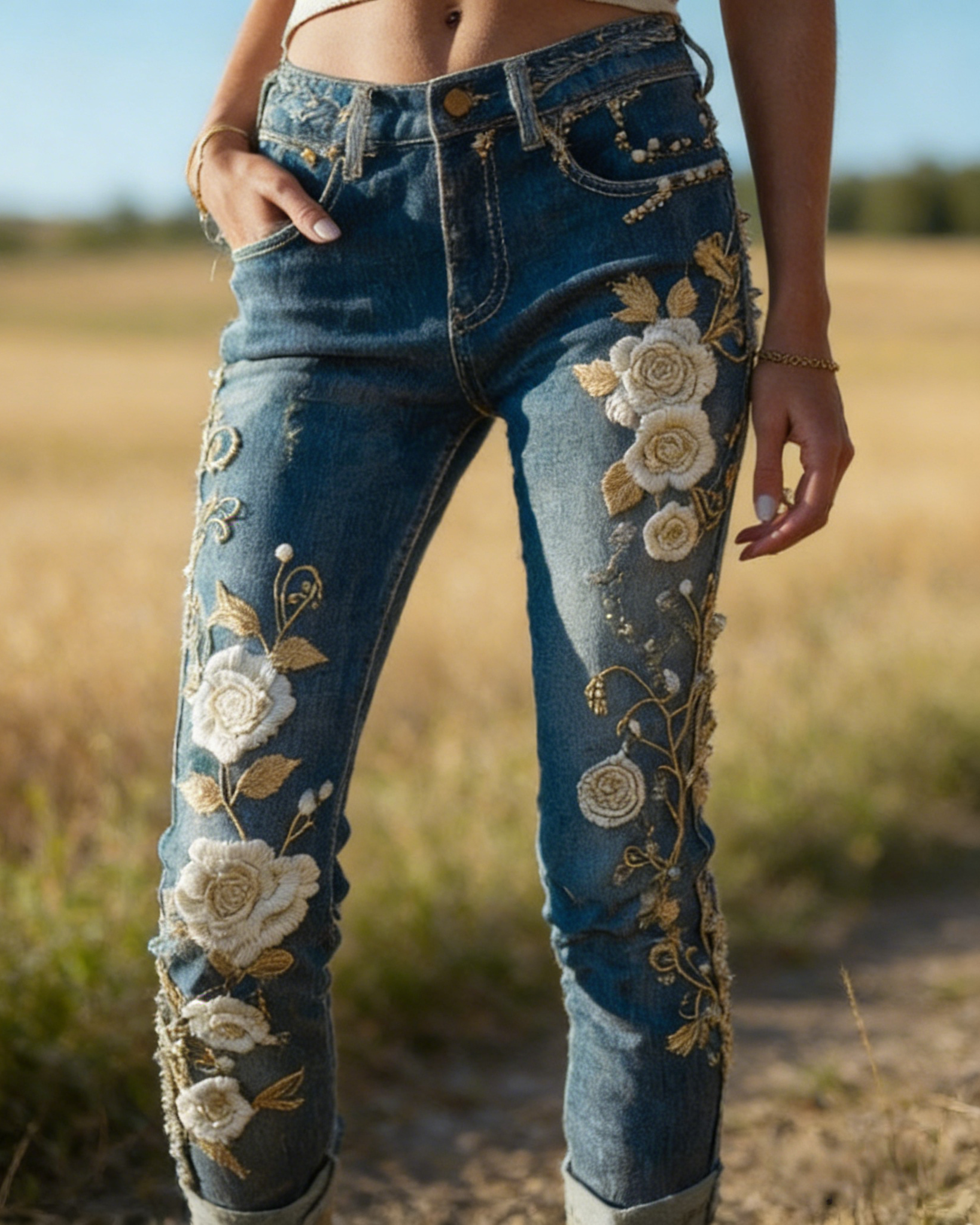 Yoga Hose Blau: 3D-Druck Romantische Rosen, Landhaus-Look, Denim-Stil, Blickdicht S-5XL