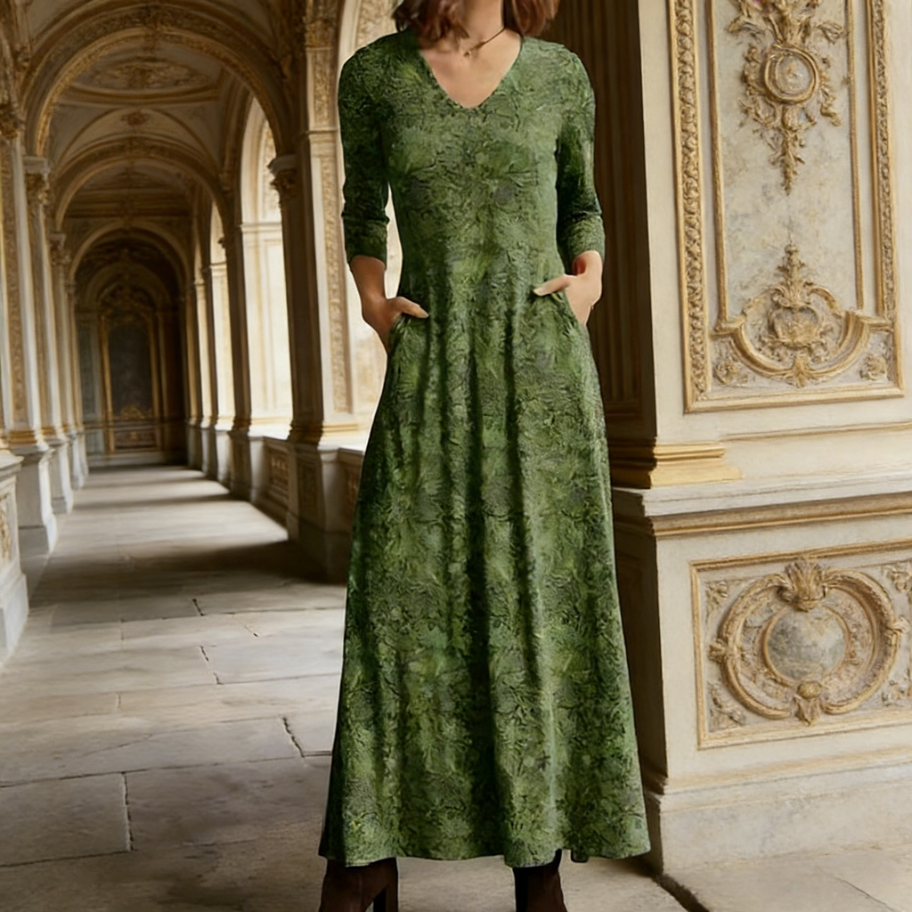 Damen Maxikleid Grasgrün: Elegantes Vintage Baumwollkleid mit V-Ausschnitt & Taschen, Langarm Herbstkleid mit Blumendruck, Retro A-Linie Freizeitkleid für Alltag S-3XL