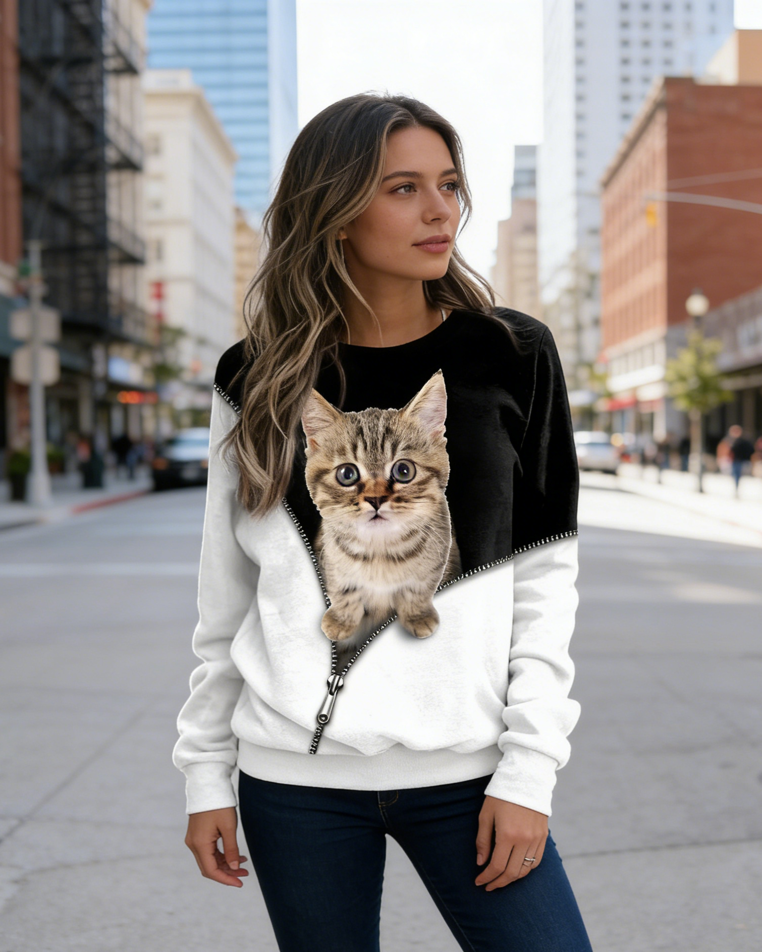 3D-Druck Damen Sweatshirt Schwarz-Weiß: Süße Katze Design, Kontrastfarben mit Reißverschluss, Casual Langarmshirt S-5XL