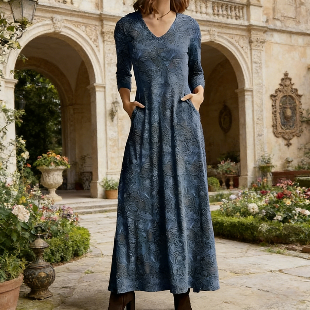Damen Maxikleid Dunkelblau: Elegantes Vintage Baumwollkleid mit V-Ausschnitt & Taschen, Langarm Herbstkleid mit Blumendruck, Retro A-Linie Freizeitkleid für Alltag S-3XL