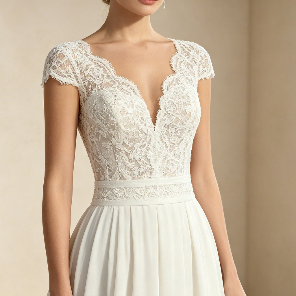 Elegantes V-Ausschnitt Abendkleid mit Spitze | Weißes Chiffon Gala-Kleid