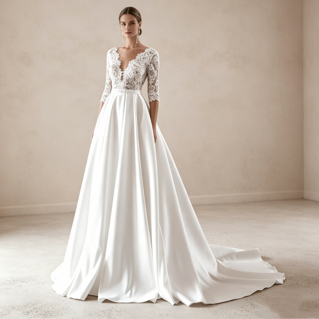 Elegantes A-Linien Abendkleid Weiß mit Schleppe | Spitzen-Oberteil mit 3/4-Ärmeln, Tiefem V-Ausschnitt und Fließendem Satinrock