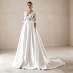Elegantes A-Linien Abendkleid Weiß mit Schleppe | Spitzen-Oberteil mit 3/4-Ärmeln, Tiefem V-Ausschnitt und Fließendem Satinrock