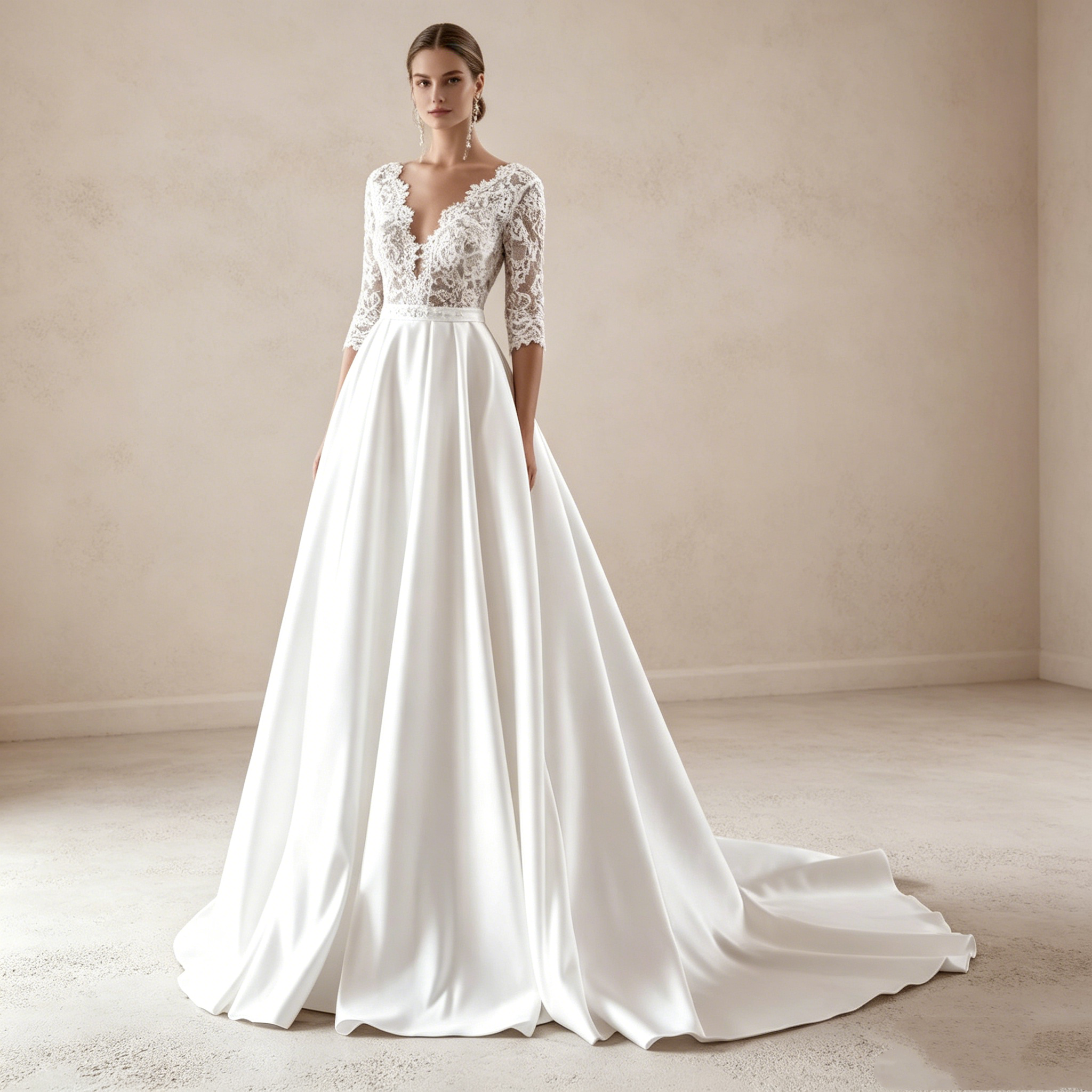 Elegantes A-Linien Abendkleid Weiß mit Schleppe | Spitzen-Oberteil mit 3/4-Ärmeln, Tiefem V-Ausschnitt und Fließendem Satinrock