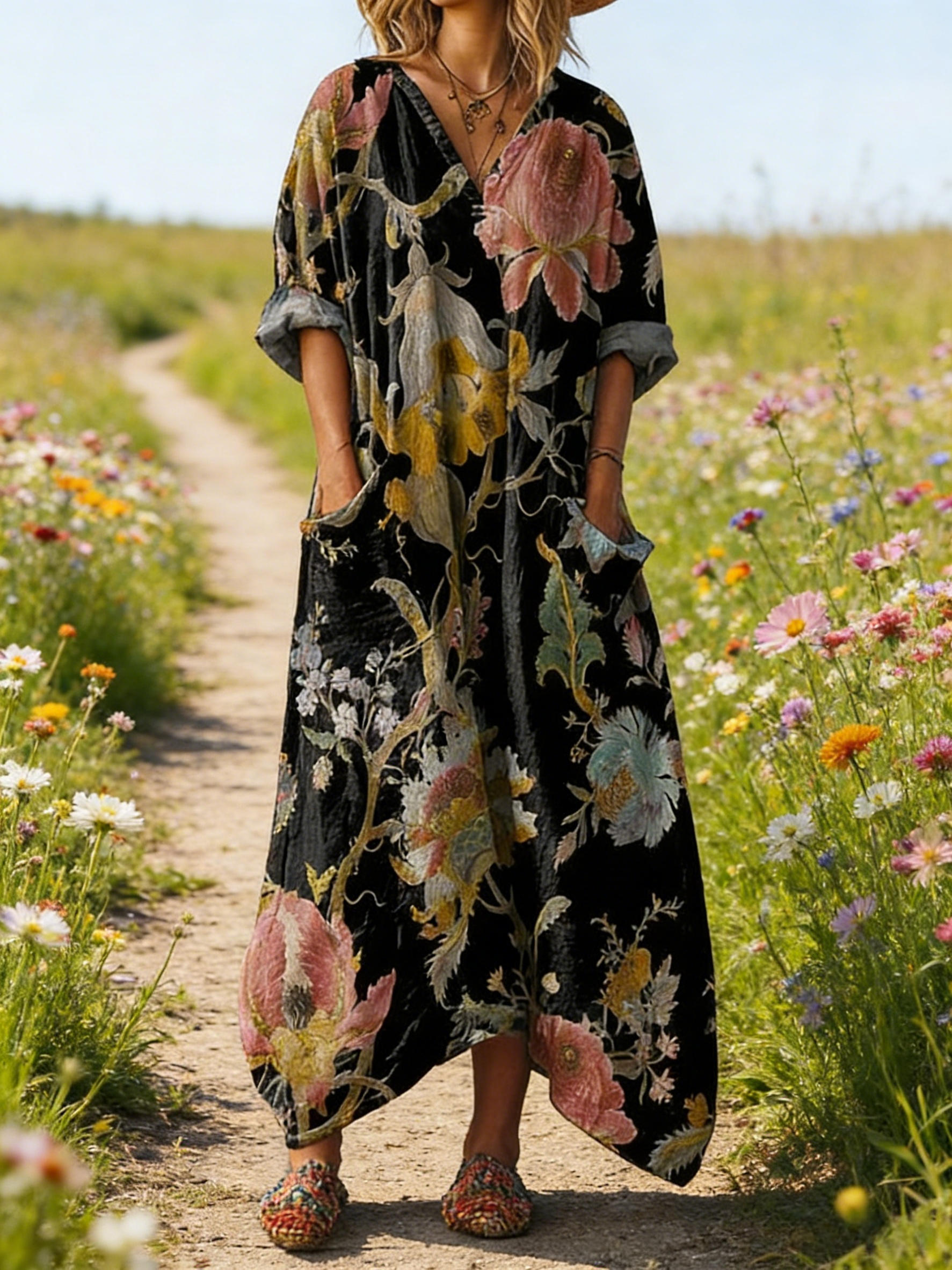 Damen Boho-Maxikleid im Vintage-Stil Schwarz: Kunstvoller Floral-Print, V-Ausschnitt & Praktische Taschen, Bequeme Passform, Ganzjährig S-5XL