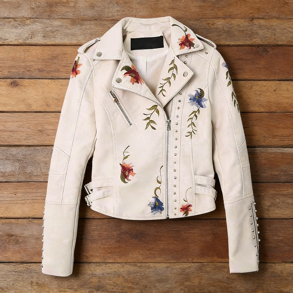 Damen Lederjacke Creme: Vintage Biker-Stil mit Blumen-Stickerei & Nieten, Rockige Kunstleder-Jacke, Kurzer Schnitt, Ganzjährig S-3XL