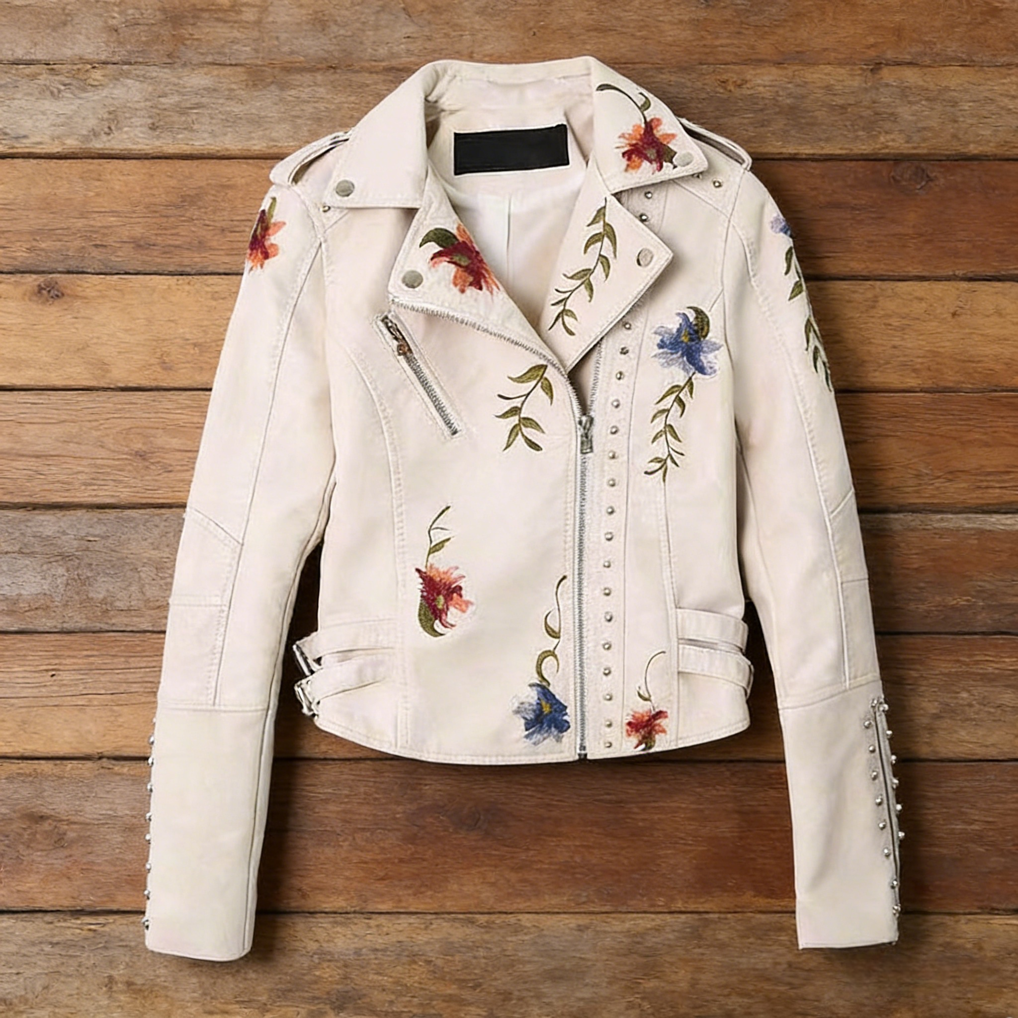 Damen Lederjacke Creme: Vintage Biker-Stil mit Blumen-Stickerei & Nieten, Rockige Kunstleder-Jacke, Kurzer Schnitt, Ganzjährig S-3XL