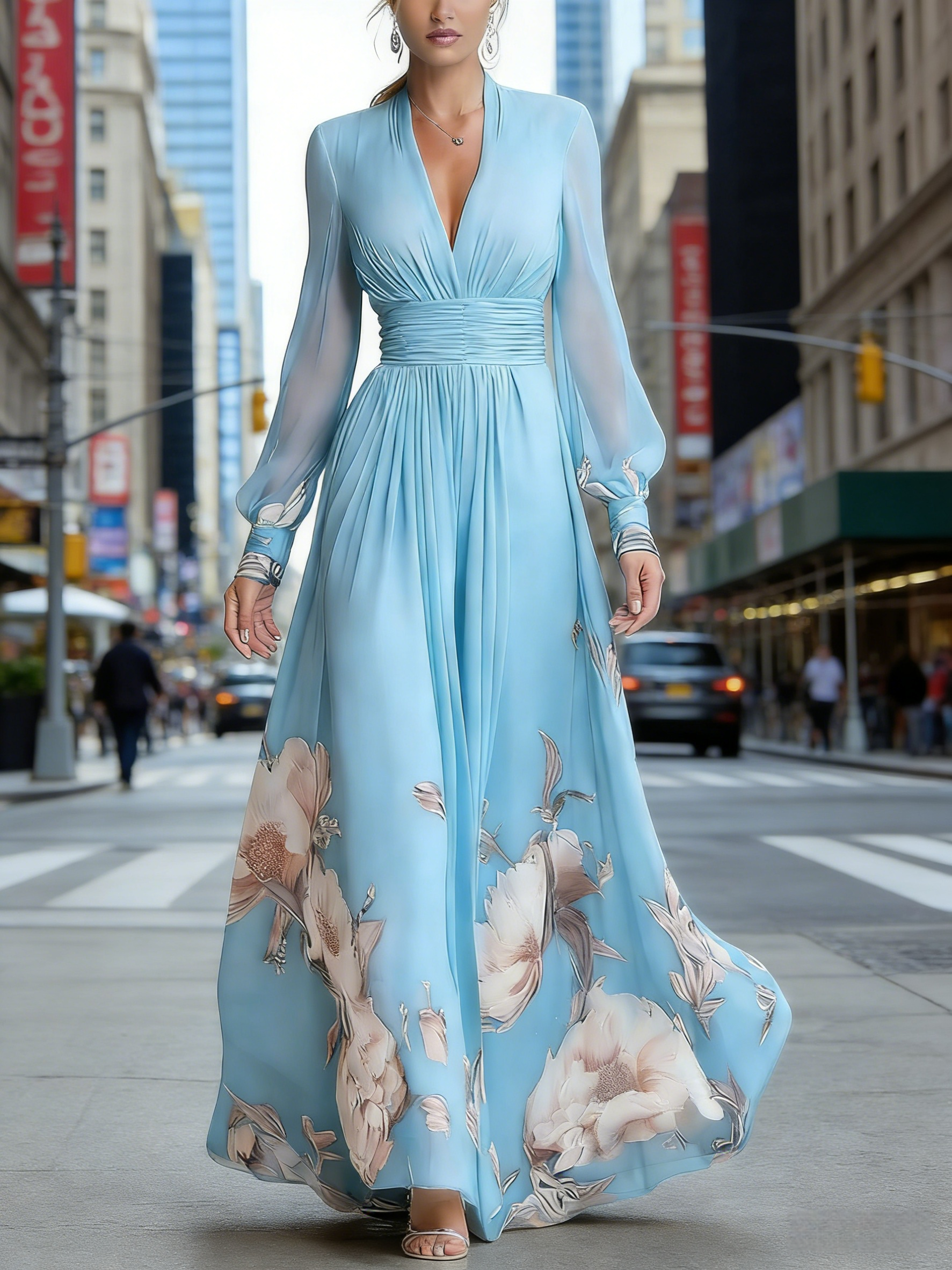 Elegantes Chiffon-Maxikleid Damen Hellblau: Französischer Stil mit Blumenmuster, Figurbetontes Design mit V-Ausschnitt, Ganzjährig S-2XL