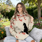 Oversize Hoodie Damen Beige: Stylischer Kapuzenpullover mit Japan-Print, Schwarze Katze & Rote Kirschblüten im Ukiyo-e Stil, Casual Sweatshirt, Ganzjährig S-5XL