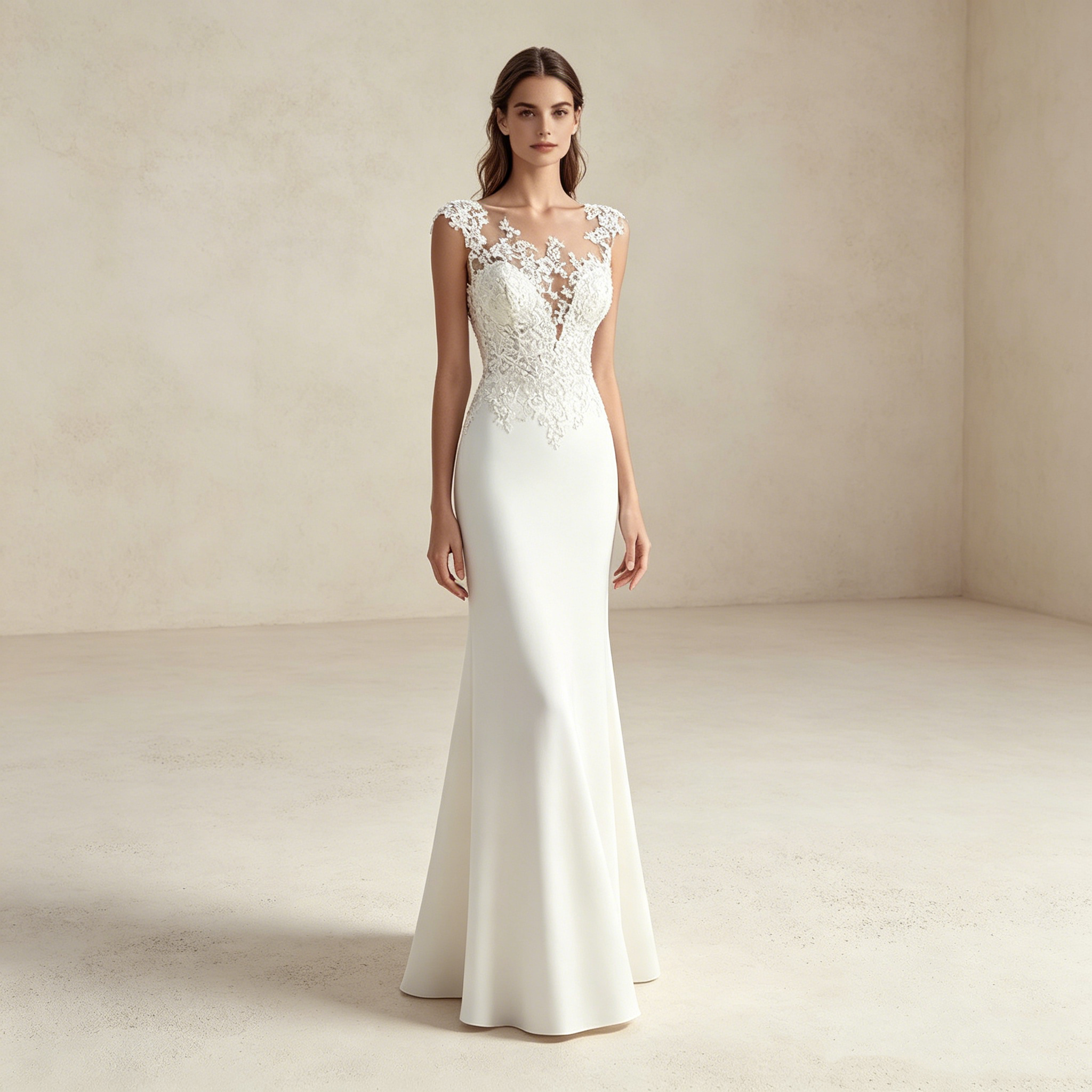 Elegantges Abendkleid lang mit Spitze | Ärmelloses Maxikleid Chiffon Weiß