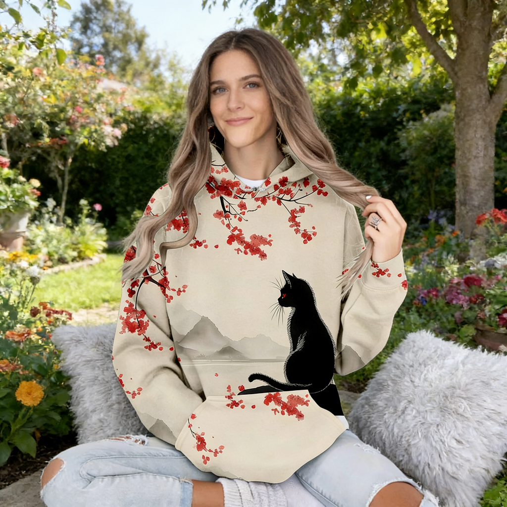 Oversize Hoodie Damen Beige: Stylischer Kapuzenpullover mit Japan-Print, Schwarze Katze & Rote Kirschblüten im Ukiyo-e Stil, Casual Sweatshirt, Ganzjährig S-5XL