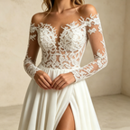 Elegantes Off-Shoulder Abendkleid mit Langarm – Stilvolles Maxi-Festkleid mit Beinschlitz
