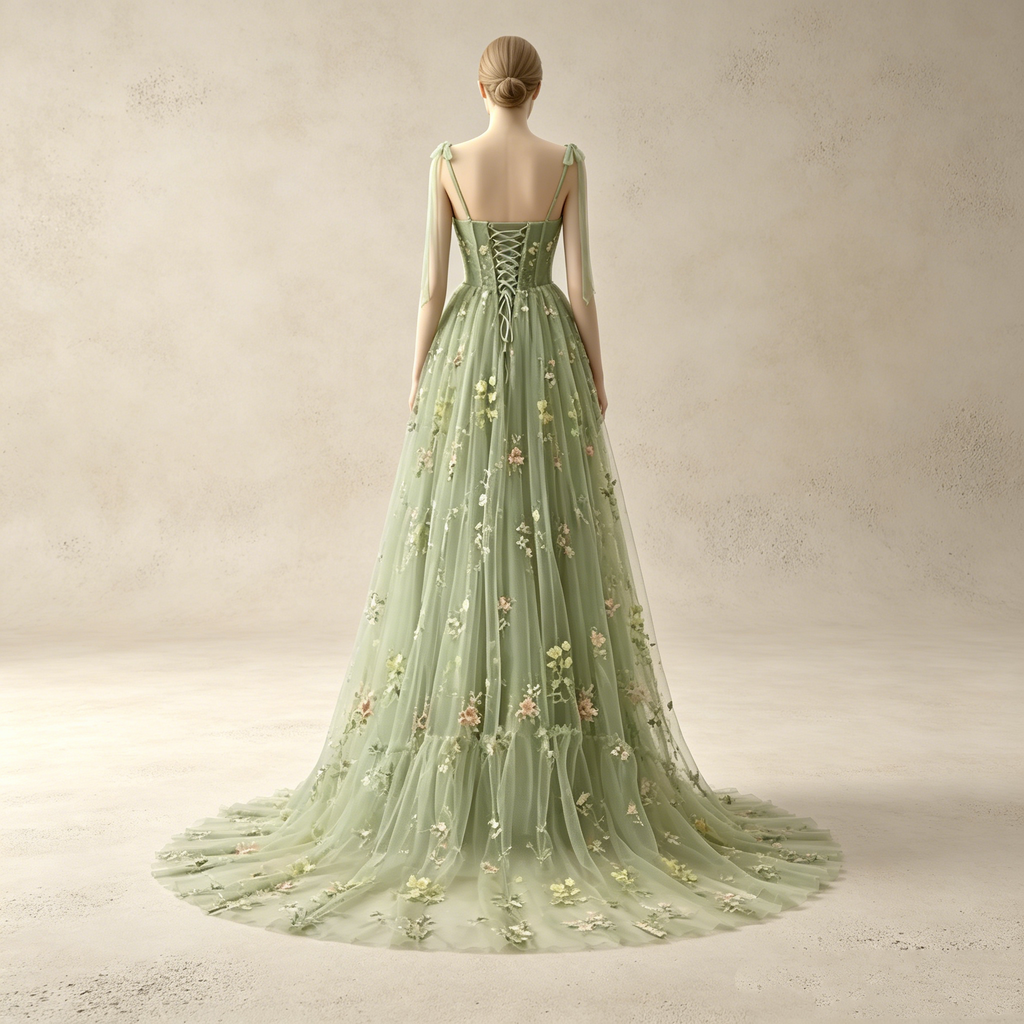 Elegantes Abendkleid lang mit Blumenstickerei | Salbeigrün Festkleid Tüll