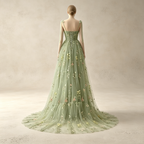 Elegantes Abendkleid lang mit Blumenstickerei | Salbeigrün Festkleid Tüll