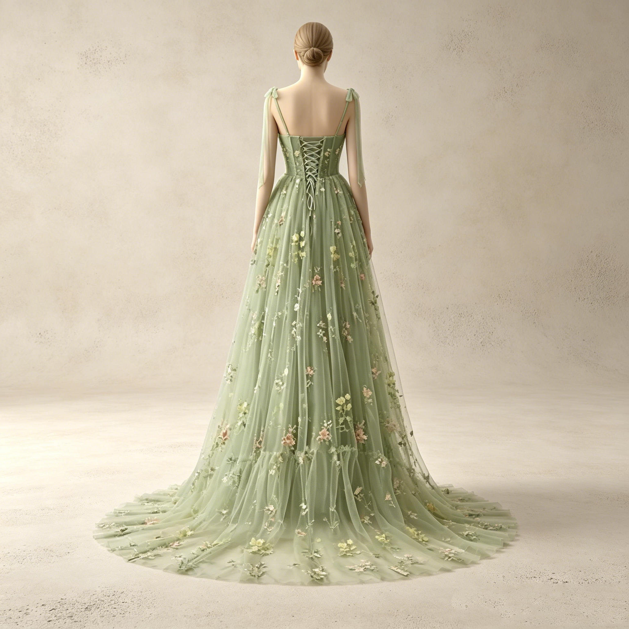 Elegantes Abendkleid lang mit Blumenstickerei | Salbeigrün Festkleid Tüll