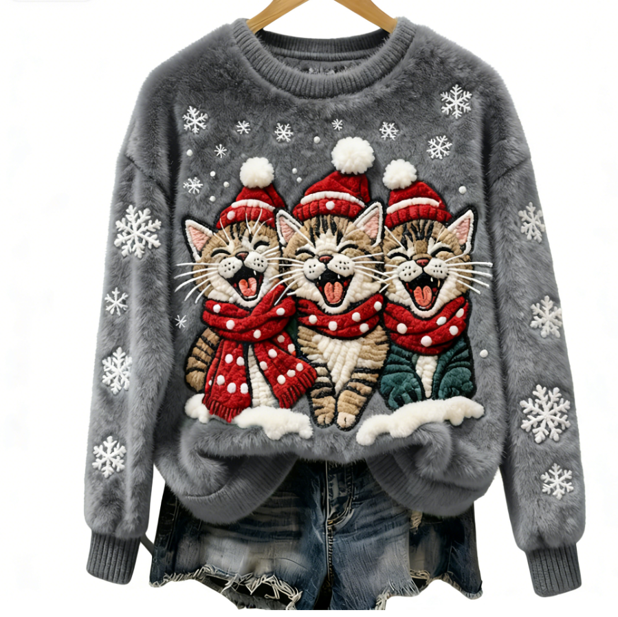 Christmas Cats Damen Gemütlicher Weihnachts-Katzen Flauschpullover Sise to 5XL