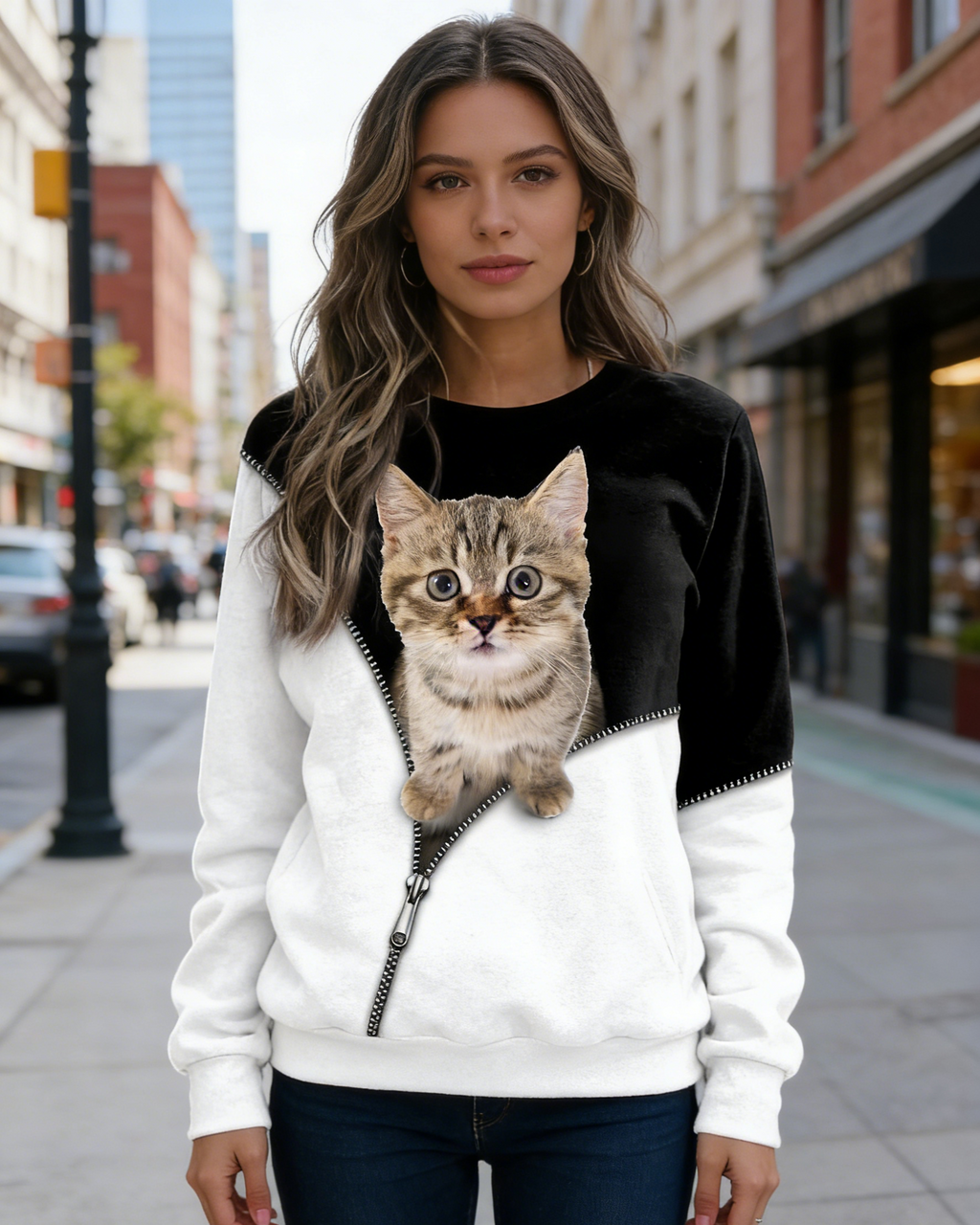 3D-Druck Damen Sweatshirt Schwarz-Weiß: Süße Katze Design, Kontrastfarben mit Reißverschluss, Casual Langarmshirt S-5XL