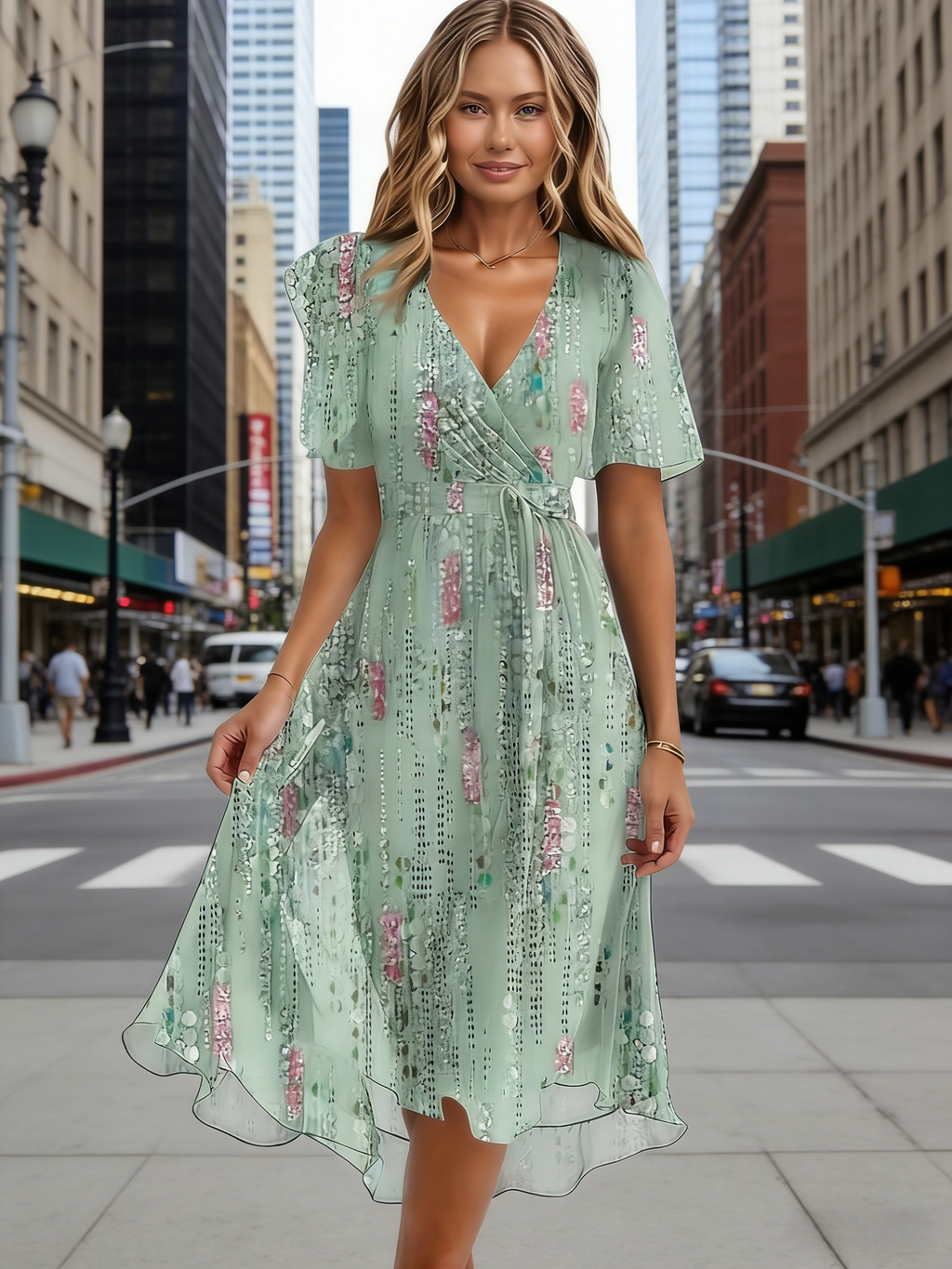 Damen Chiffonkleid Hellgrün: Elegantes Sommerkleid in Wickeloptik mit V-Ausschnitt & Bindegürtel, Florales A-Linien Midikleid mit Flatterärmeln für Festliche Anlässe S-2XL