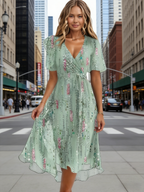 Damen Chiffonkleid Hellgrün: Elegantes Sommerkleid in Wickeloptik mit V-Ausschnitt & Bindegürtel, Florales A-Linien Midikleid mit Flatterärmeln für Festliche Anlässe S-2XL