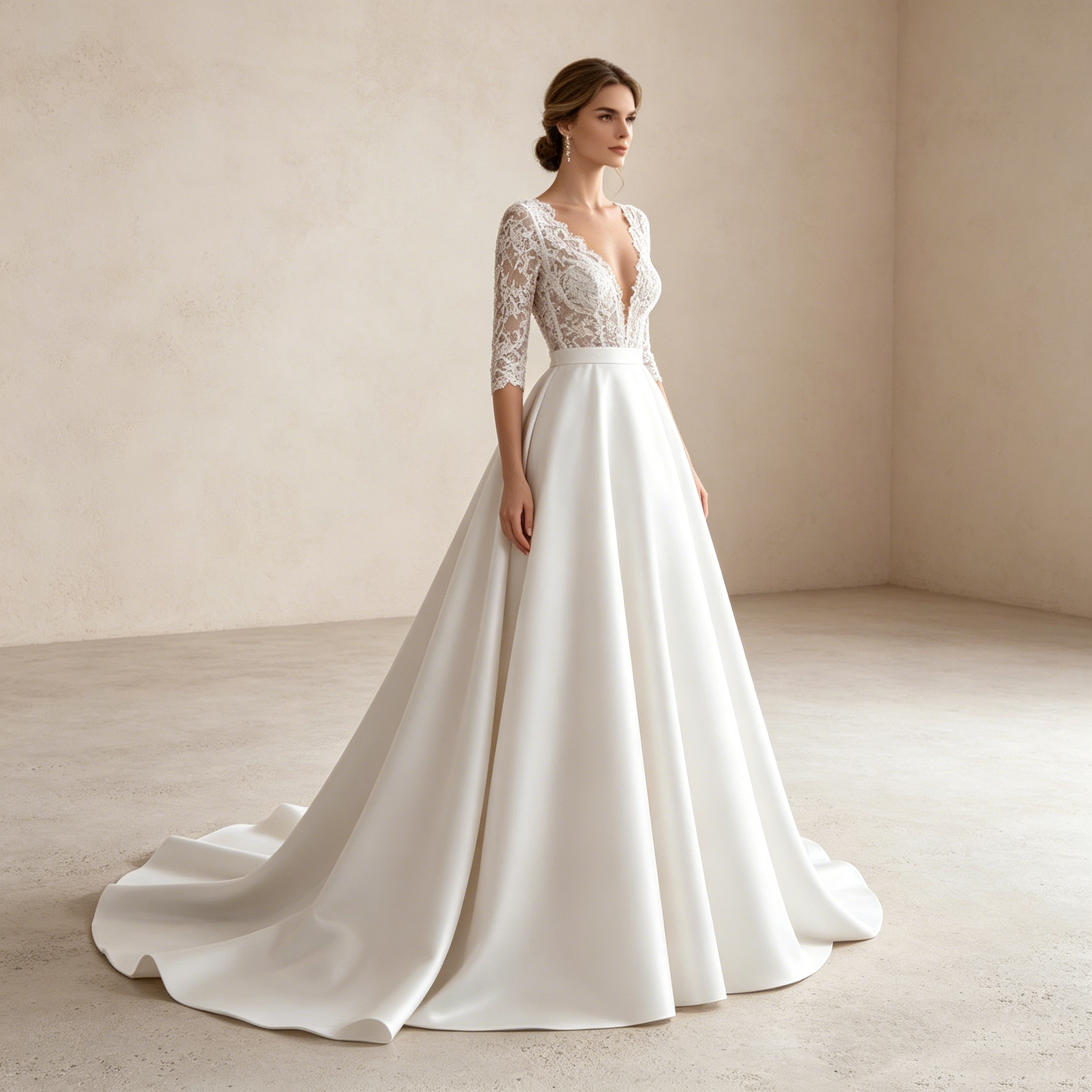 Elegantes A-Linien Abendkleid Weiß mit Schleppe | Spitzen-Oberteil mit 3/4-Ärmeln, Tiefem V-Ausschnitt und Fließendem Satinrock