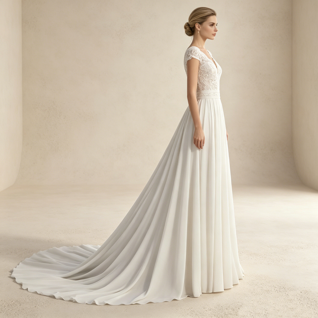 Elegantes V-Ausschnitt Abendkleid mit Spitze | Weißes Chiffon Gala-Kleid