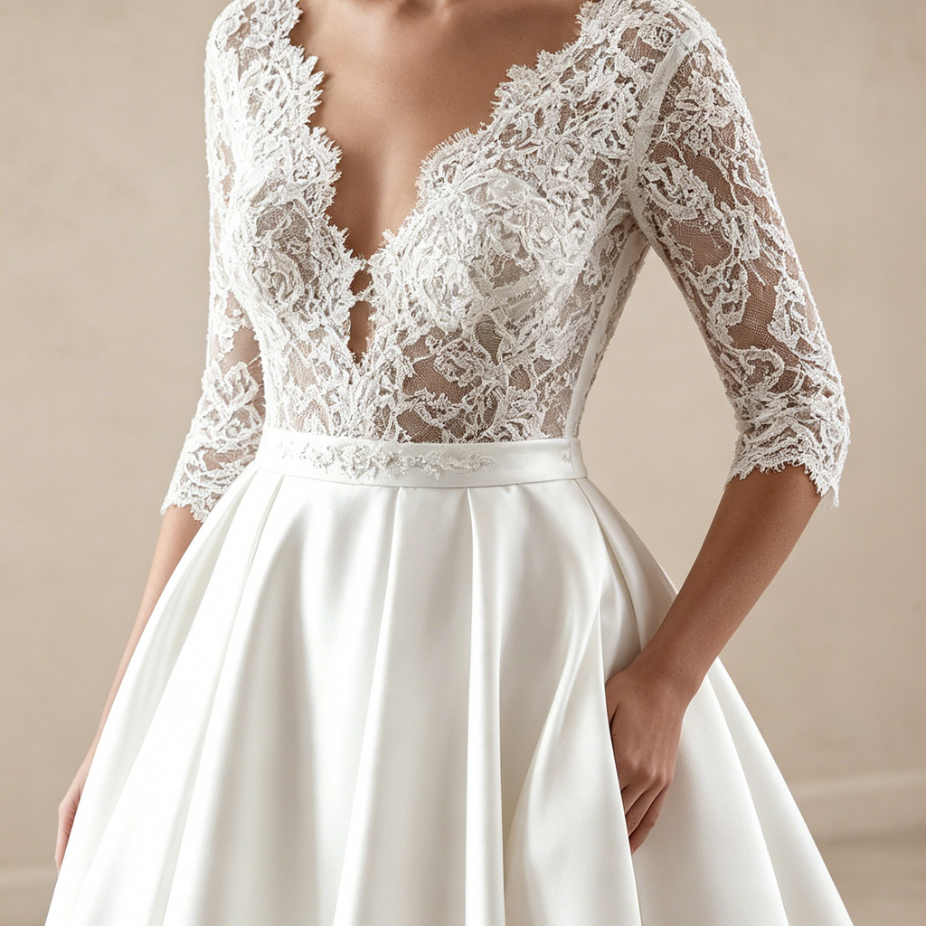 Elegantes A-Linien Abendkleid Weiß mit Schleppe | Spitzen-Oberteil mit 3/4-Ärmeln, Tiefem V-Ausschnitt und Fließendem Satinrock