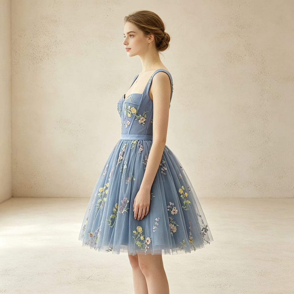 Elegantes Cocktailkleid kurz mit Blumenstickerei | Florales Tüll-Minikleid