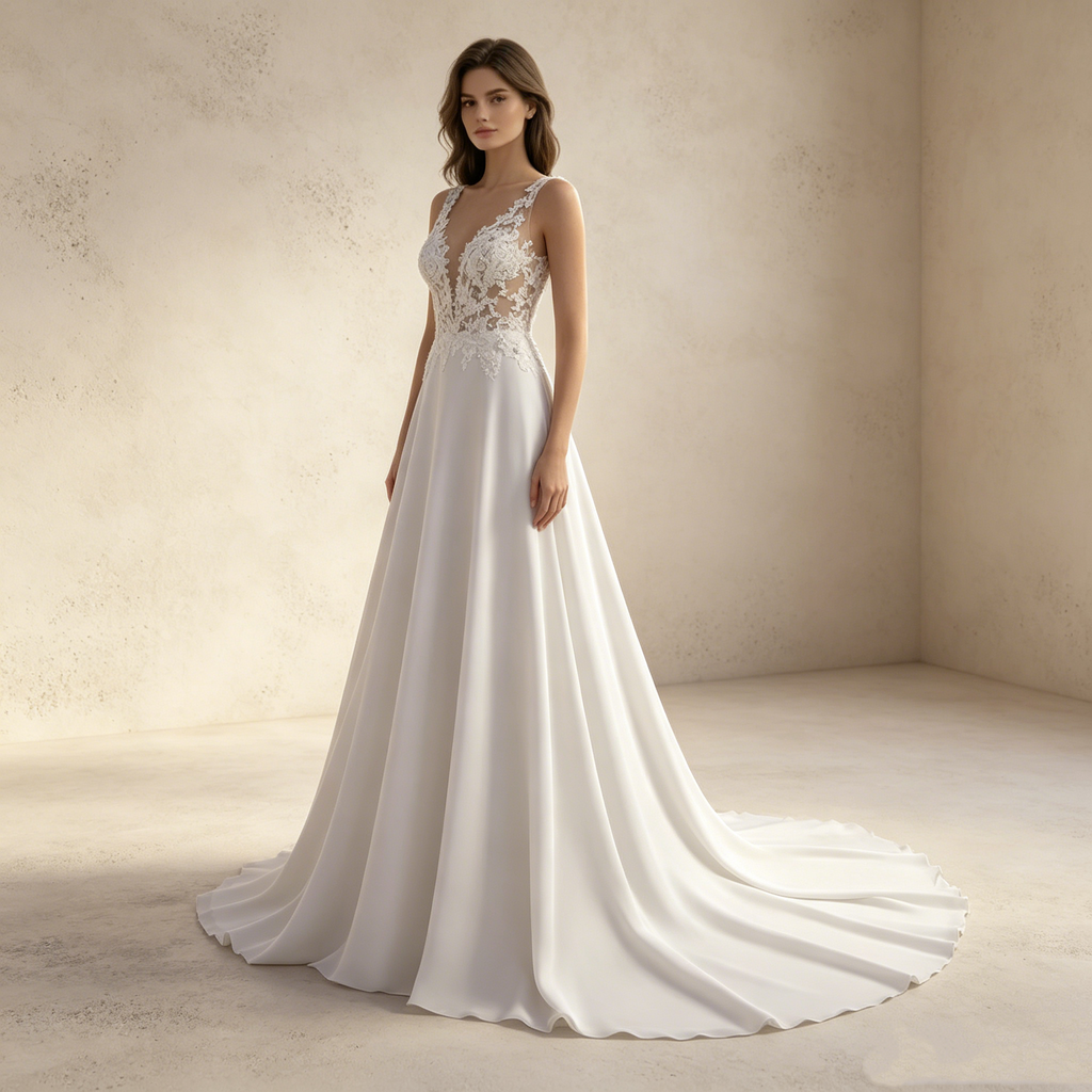 Elegantes A-Linien Abendkleid Weiß mit Hohem Beinschlitz | Ärmellos Maxikleid mit Tiefem V-Ausschnitt, Spitzen-Oberteil und Schleppe