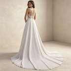 Elegantes A-Linien Abendkleid Weiß mit Hohem Beinschlitz | Ärmellos Maxikleid mit Tiefem V-Ausschnitt, Spitzen-Oberteil und Schleppe