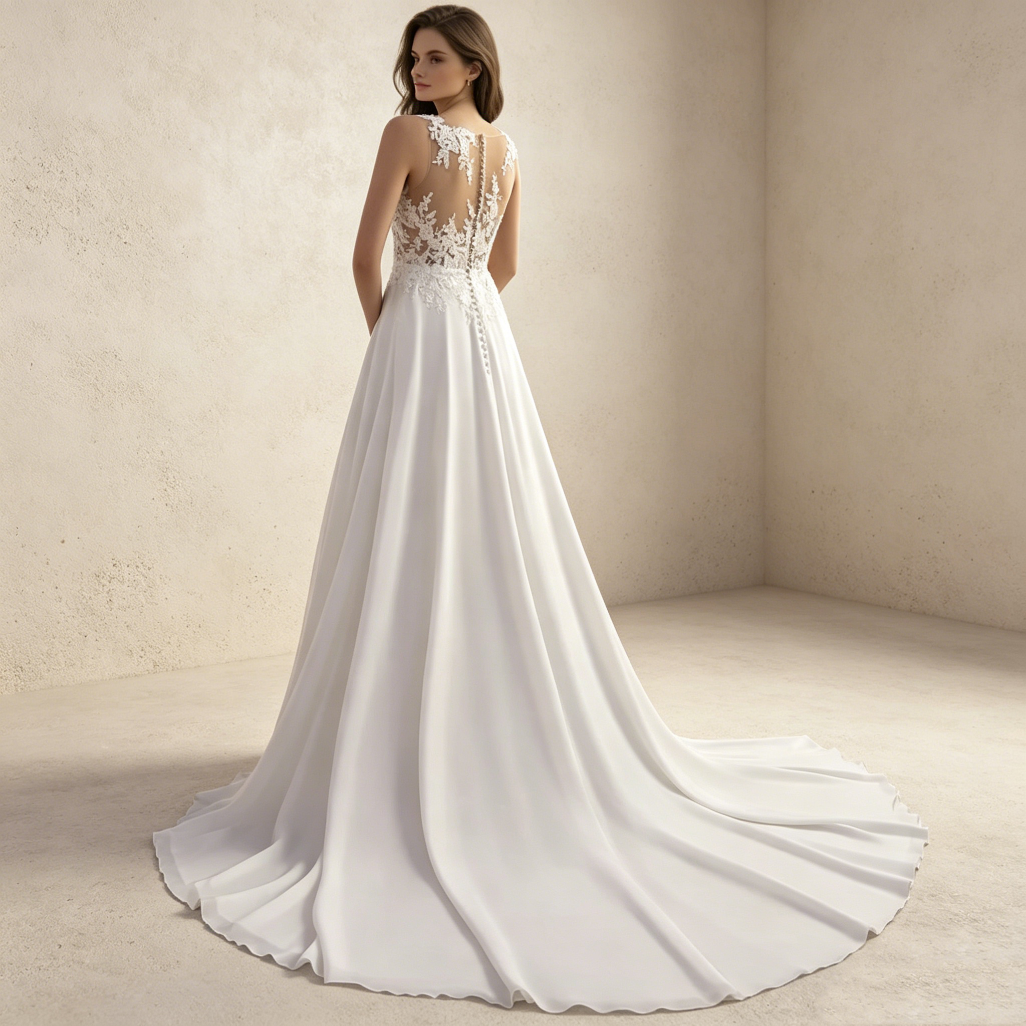 Elegantes A-Linien Abendkleid Weiß mit Hohem Beinschlitz | Ärmellos Maxikleid mit Tiefem V-Ausschnitt, Spitzen-Oberteil und Schleppe