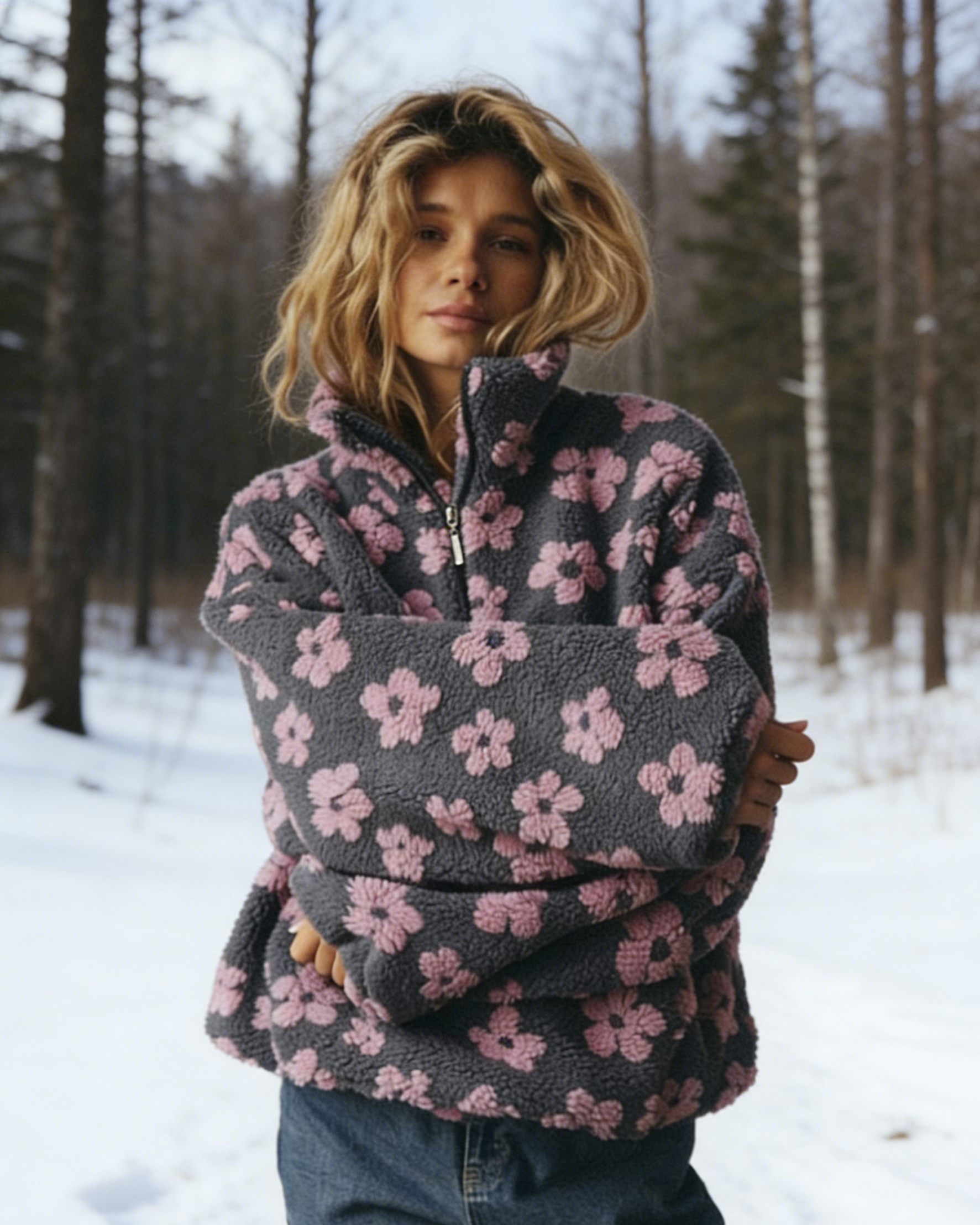 Damen Teddy Fleece Half Zip mit Blumen Print Nachhaltiger Oversize Sweatshirts Größe S-2XL