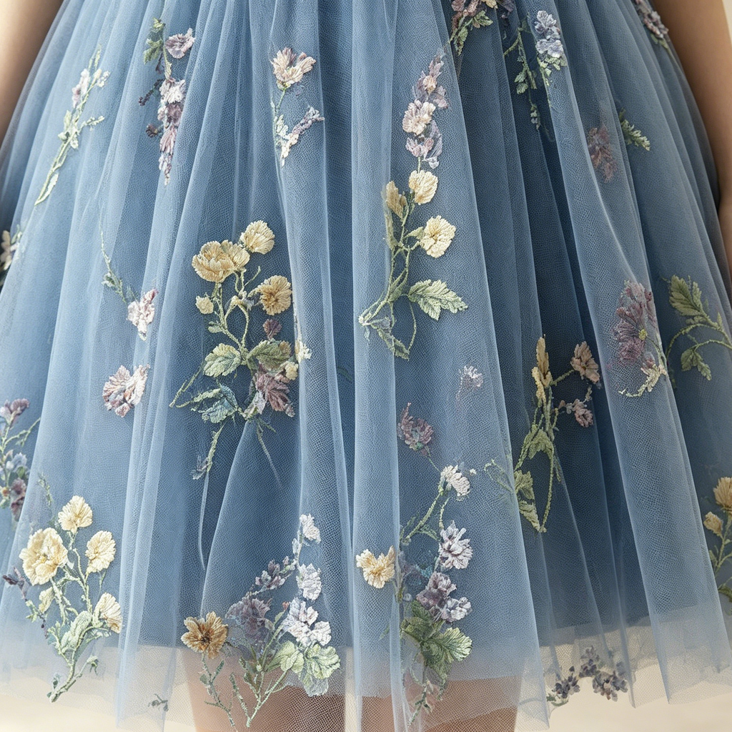 Elegantes Cocktailkleid kurz mit Blumenstickerei | Florales Tüll-Minikleid