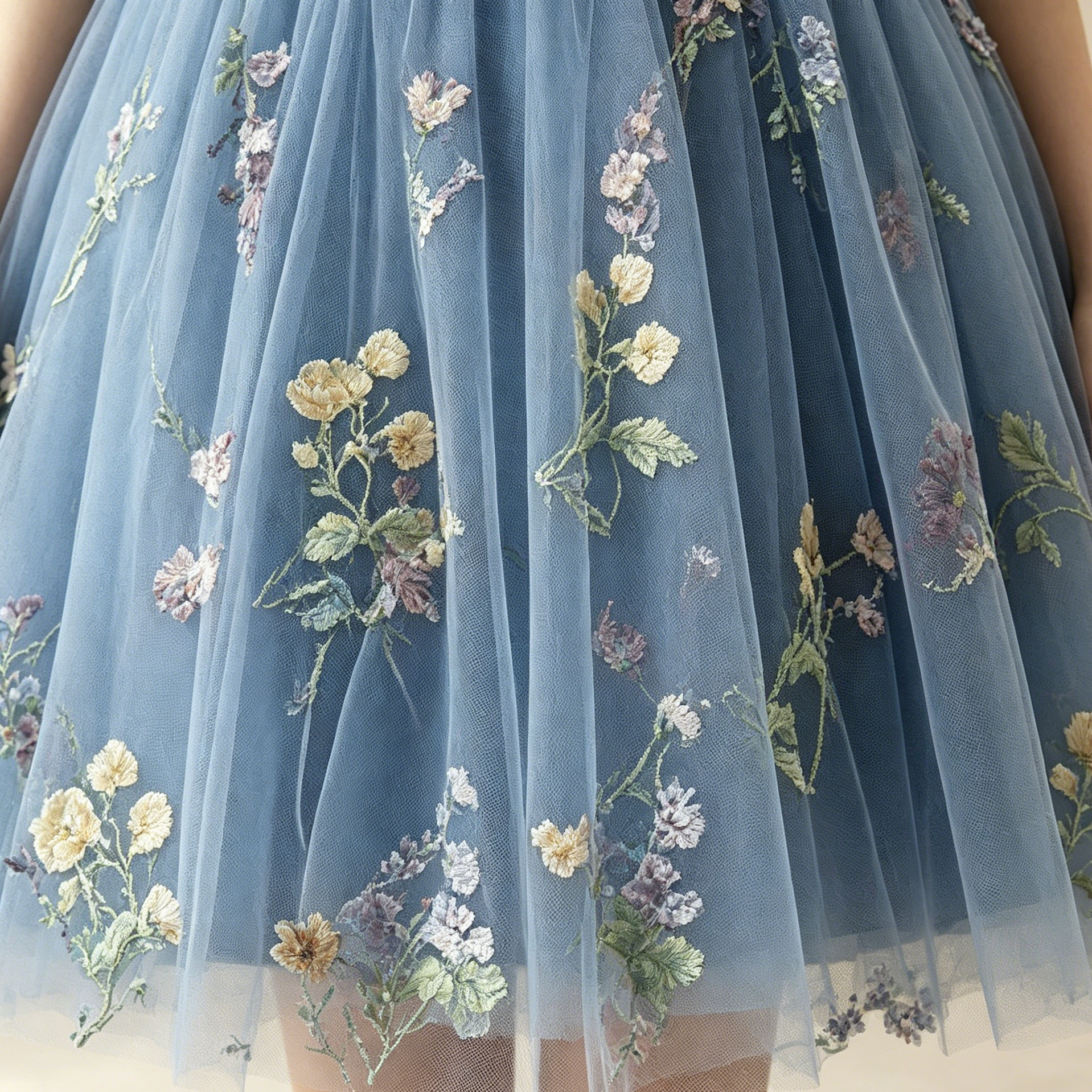 Elegantes Cocktailkleid kurz mit Blumenstickerei | Florales Tüll-Minikleid