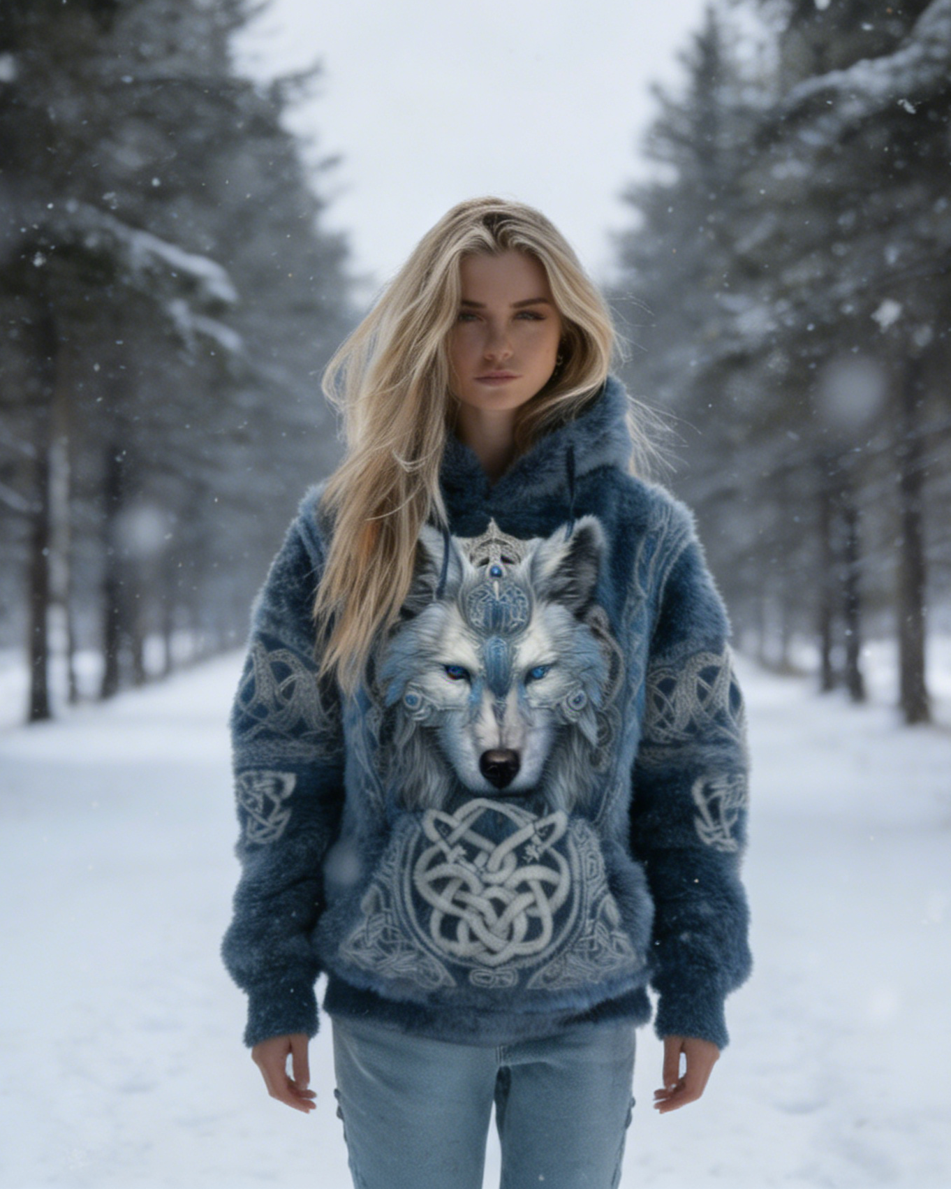 3D-Druck Damen Wikinger Flanell Kapuzenpullover – Wolf & Keltischer Knoten, lässiger Vintage Look Size S-5XL