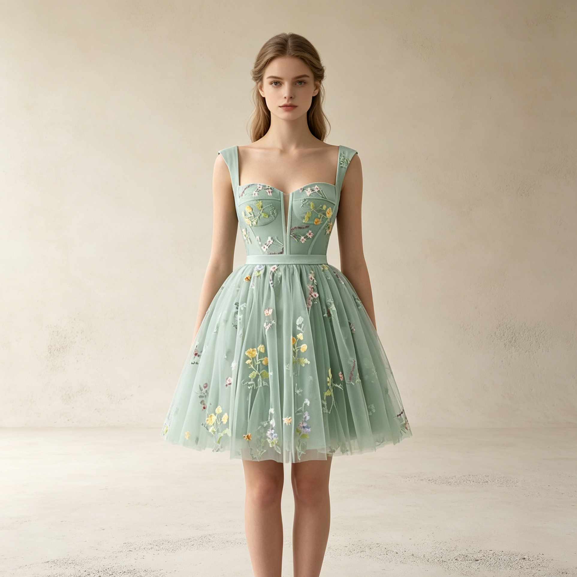 Elegantes Cocktailkleid kurz mit Blumenstickerei | Florales Tüll-Minikleid