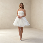 Elegantes Trägerloses Minikleid Weiß | Voluminöses Abendkleid Kurz mit Herz-Ausschnitt und Figurbetonter Raffung