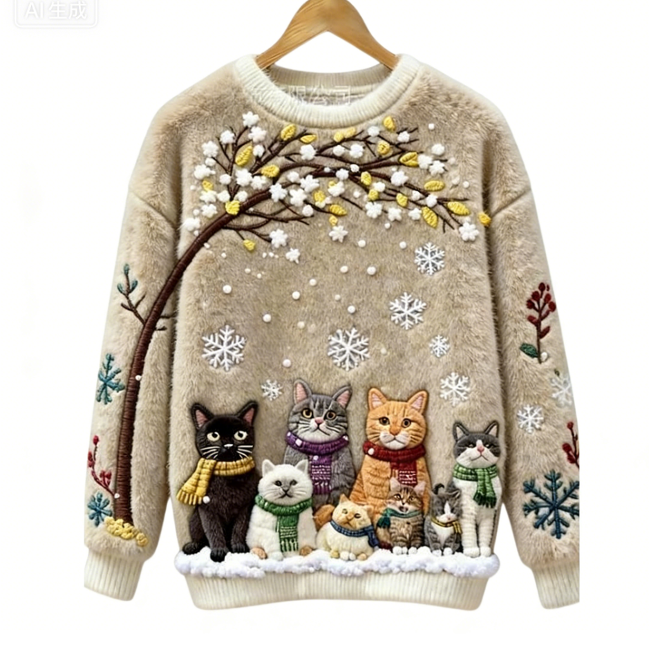 Christmas Cats Stickerei Damen Gemütlicher Weihnachts-Katzen Flauschpullover