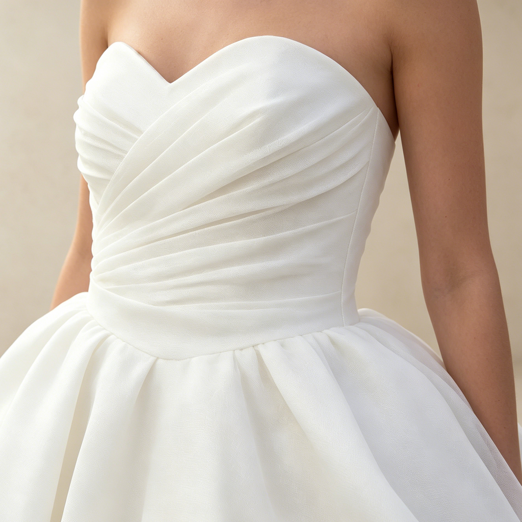 Elegantes Trägerloses Minikleid Weiß | Voluminöses Abendkleid Kurz mit Herz-Ausschnitt und Figurbetonter Raffung